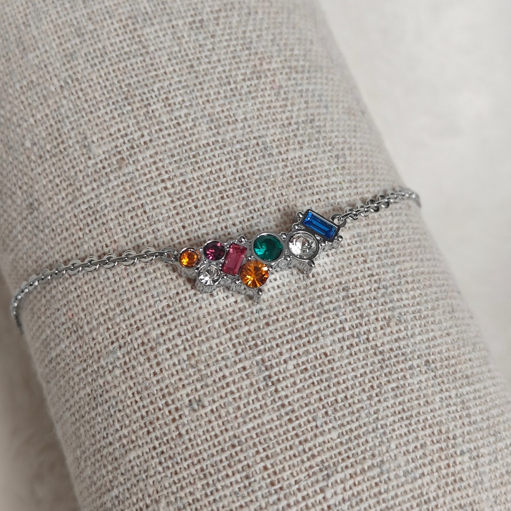 Chain Bracelet Multi Color‎ Gemstone Silver Tone Cluster Adjustable Lobster Claw